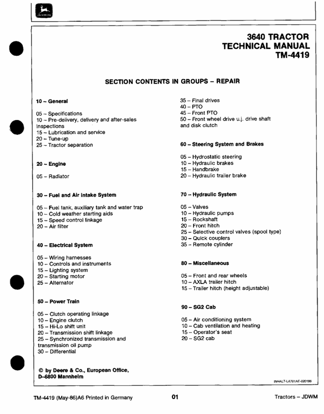 John Deere 3640 TM4419 Repair and Service Manual PDF