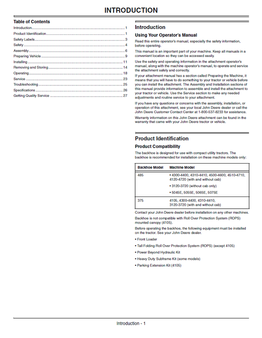 John Deere 375 & 485 Backhoe Loader Operation Manual