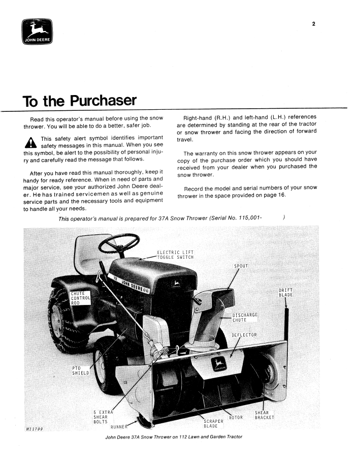 John Deere 37A Snow Blower Attachment User Manual Download PDF