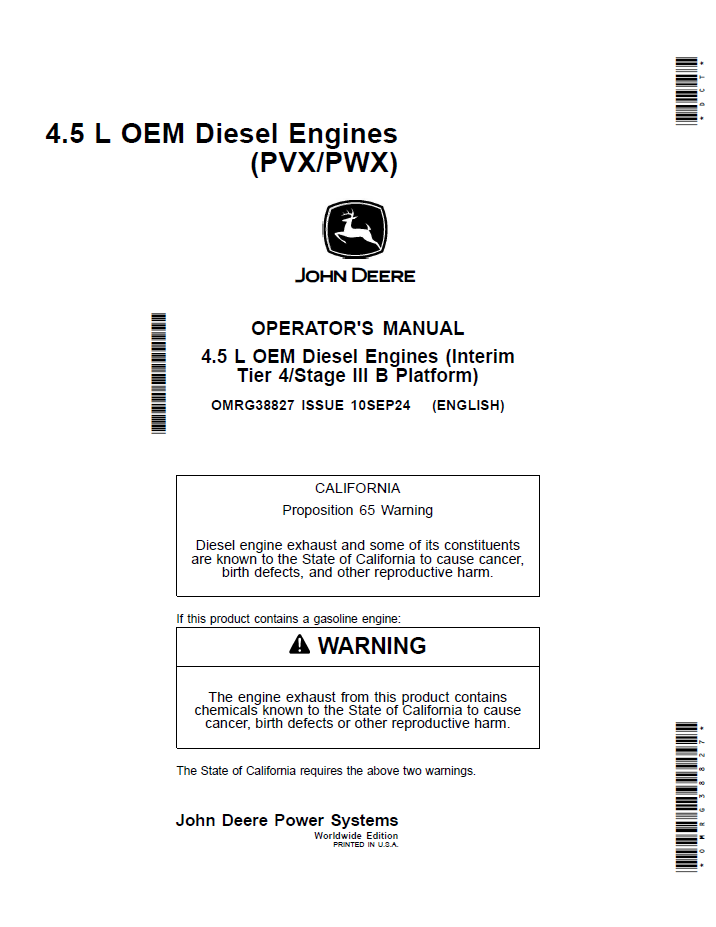 John Deere 4.5L OEM Diesel Engine Operator Manual (OMRG38827)