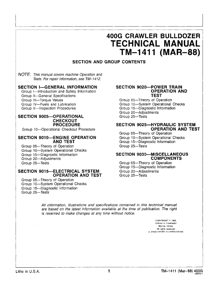 John Deere 400G Crawler Bulldozer Operation & Test Manual TM1411