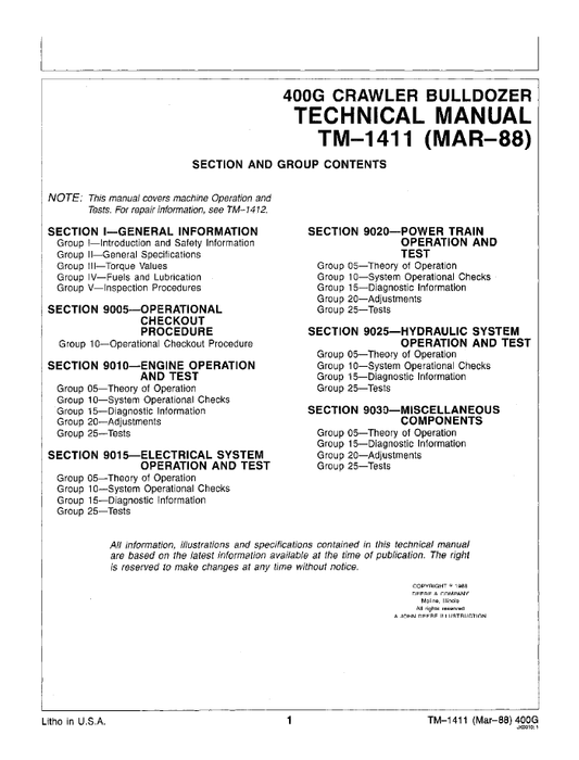 John Deere 400G Crawler Bulldozer Operation & Test Manual TM1411