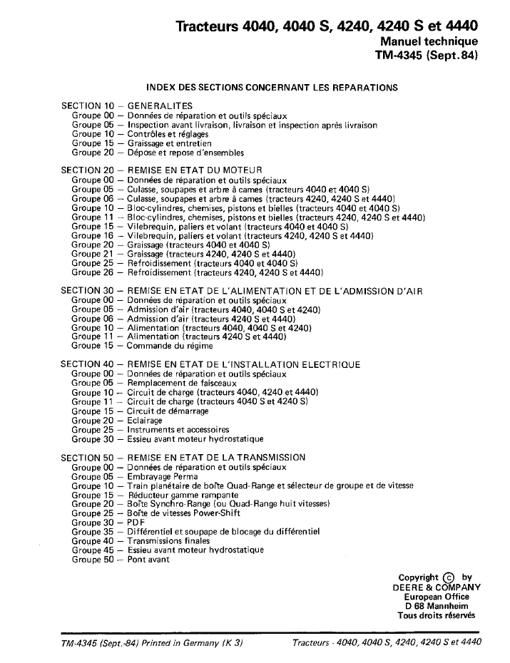 John Deere 4040 4040S 4240 4240S 4440 Tractor Service Manual TM4345