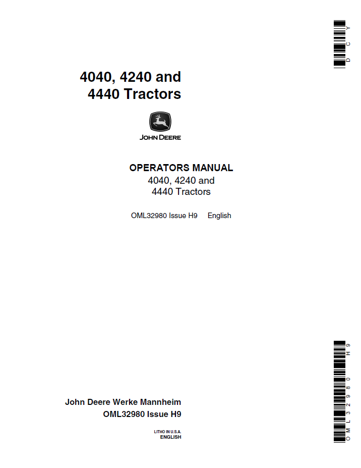 John Deere 4040, 4240 and 4440 Tractor Operator Manual (OML32980)