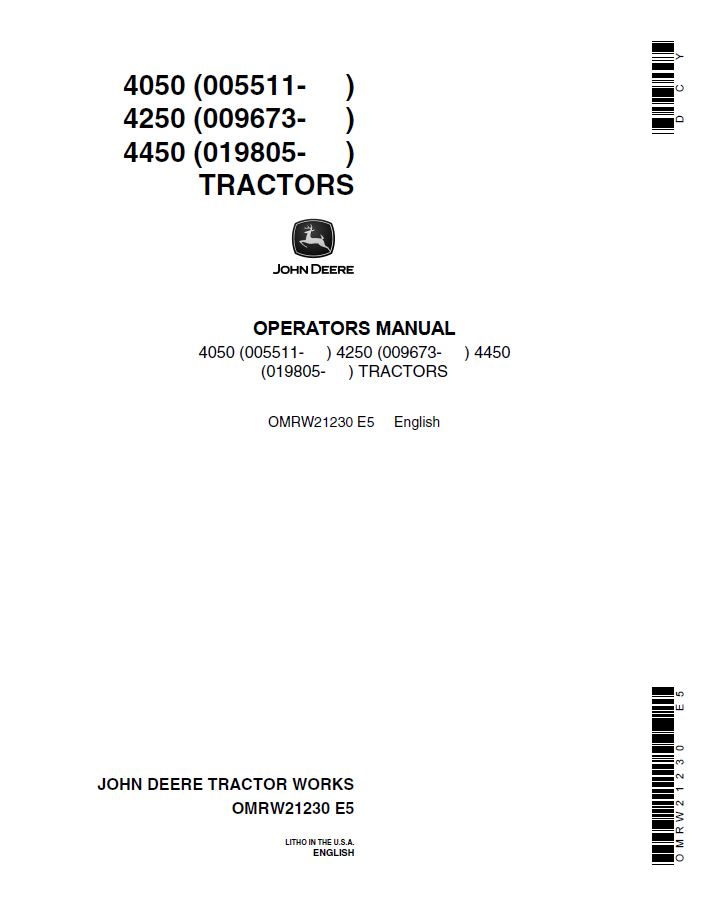 John Deere 4050, 4250 & 4450 Tractor Operator Manual (OMRW21230)