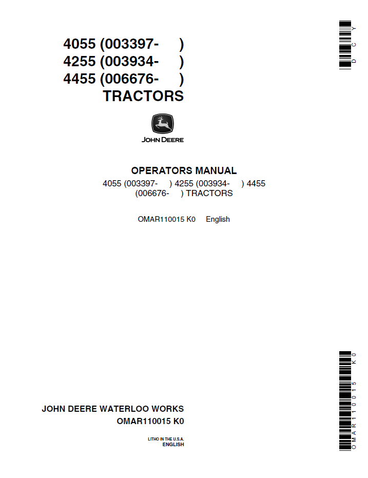 John Deere 4055 4255 4455 Tractor OMAR110015 Operator Manual PDF