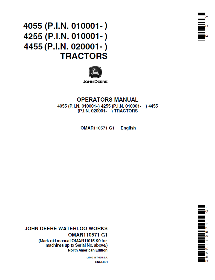 John Deere 4055 4255 4455 Tractor OMAR110571 Operator Manual PDF