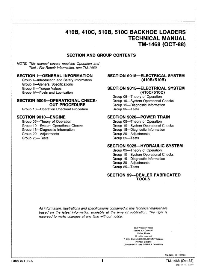 John Deere 410B 410C 510B 510C Backhoe Loader Diagnostic Manual TM1468