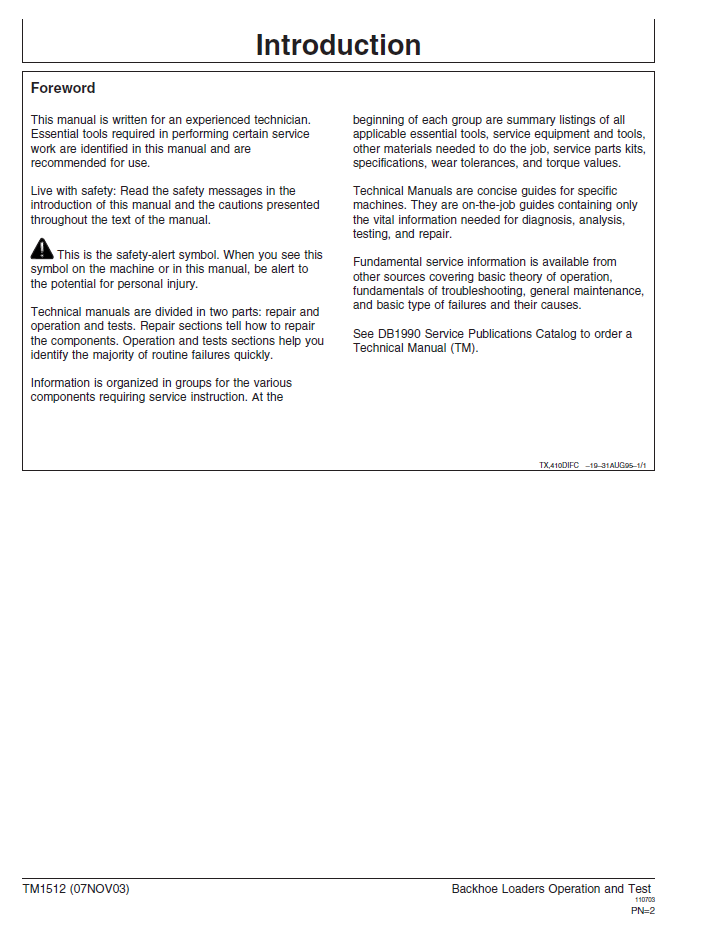 John Deere 410D 510D Backhoe Loader TM1512 Diagnostic Service Manual
