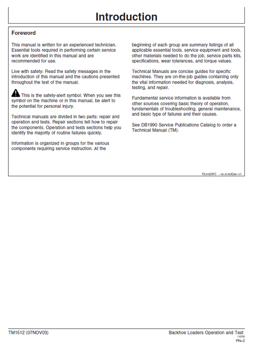 John Deere 410D 510D Backhoe Loader TM1512 Diagnostic Service Manual
