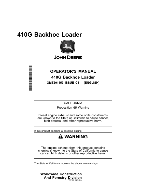 John Deere 410G Backhoe Loader Operator Manual OMT201153 PDF Download