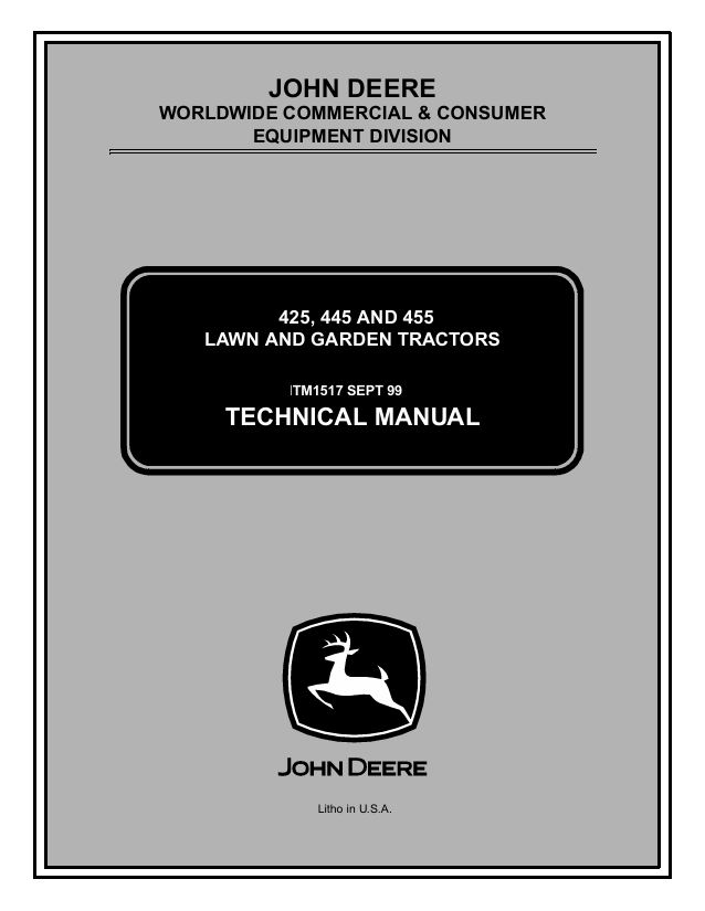 John Deere 425 445 455 Lawn & Garden Tractor Technical Manual TM1517