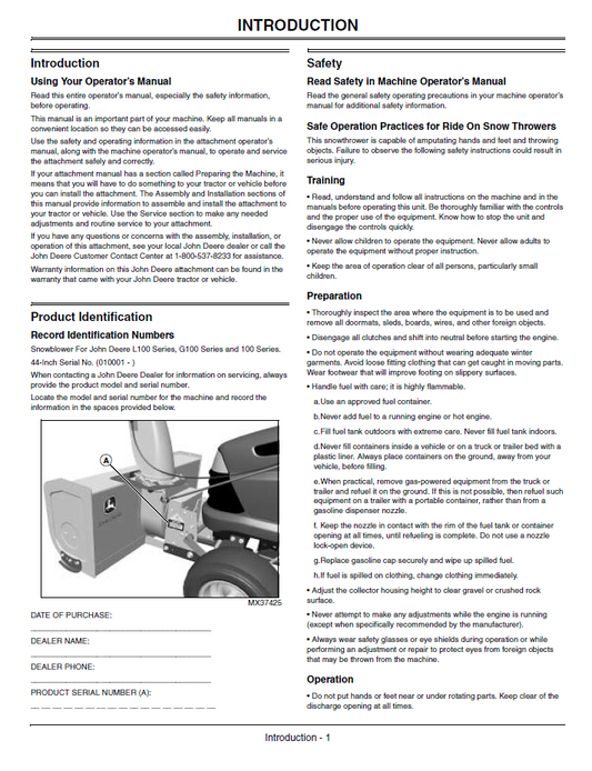 John Deere 44-Inch Snowblower OMM152248 Service & Repair Manual