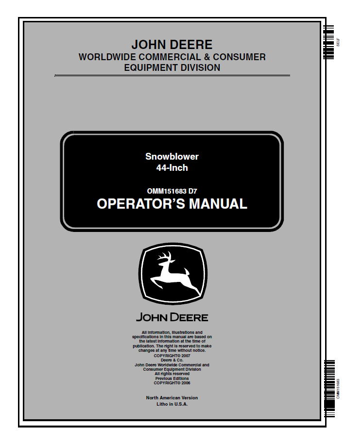John Deere 44-Inch Snowblower Operator Manual OMM151683 PDF Download
