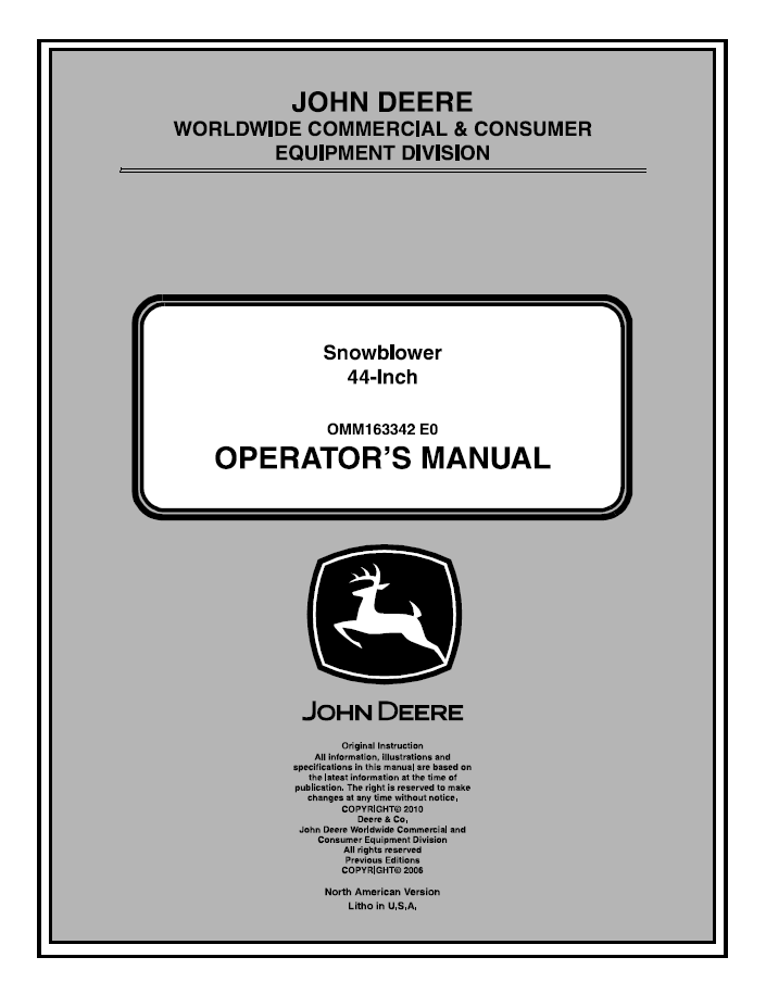 John Deere 44-Inch Snowblower Operator Manual OMM163342 PDF