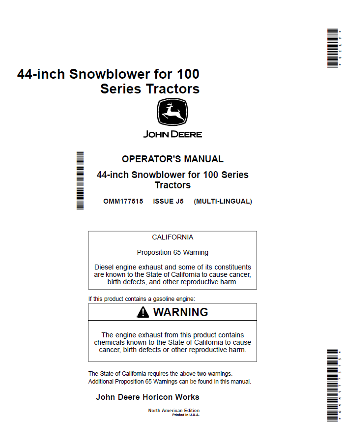 John Deere 44-Inch Snowblower Operator Manual for 100 Series (OMM177515)