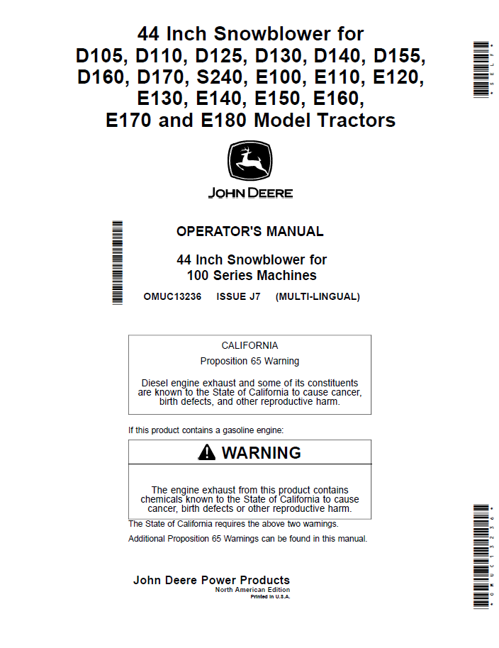 John Deere 44-Inch Snowblower Tractor Operator Manual (OMUC13236)