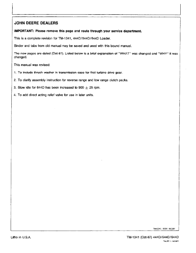 John Deere 444D 544D 644D Wheel Loader Repair Technical Manual