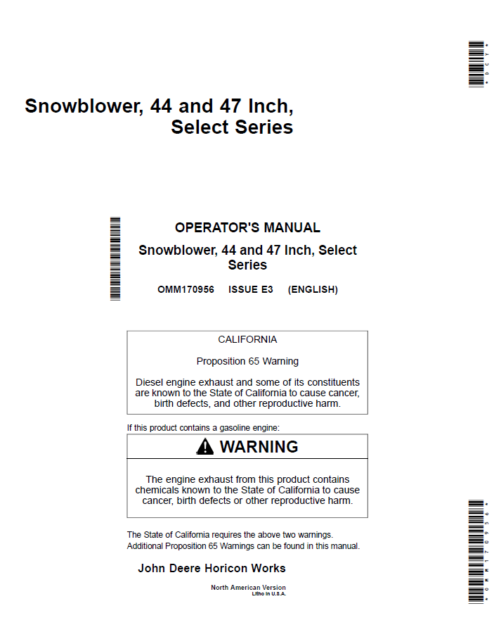 John Deere 44 & 47 Snowblower Operator Manual (OMM170956)