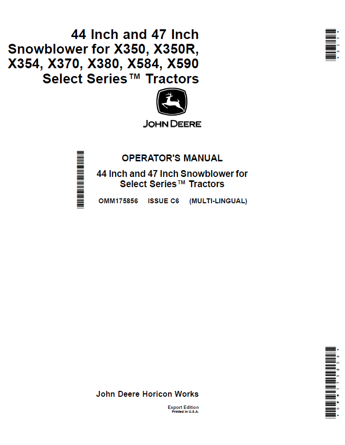 John Deere 44 & 47 Snowblower Operator Manual (OMM175856)