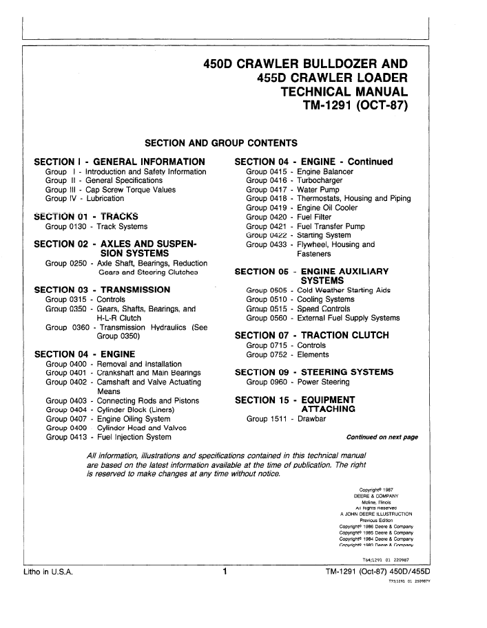 John Deere 450D Crawler Bulldozer and 455D Loader Manual TM1291