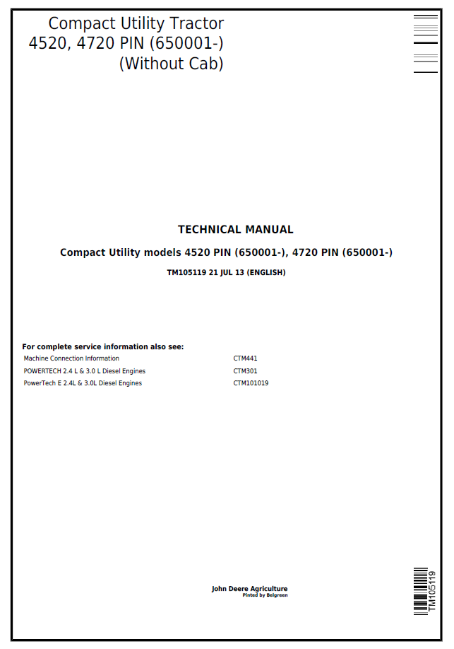 John Deere 4520 4720 Compact Utility Tractor TM105119 Technical Manual