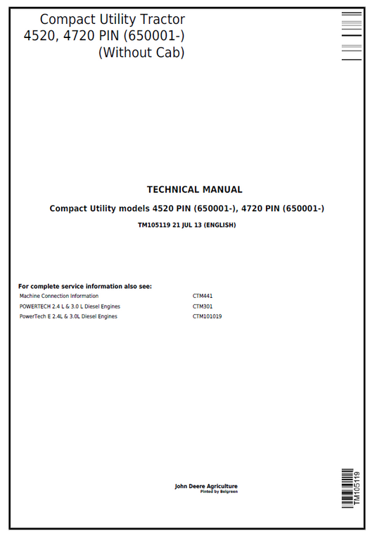 John Deere 4520 4720 Compact Utility Tractor TM105119 Technical Manual