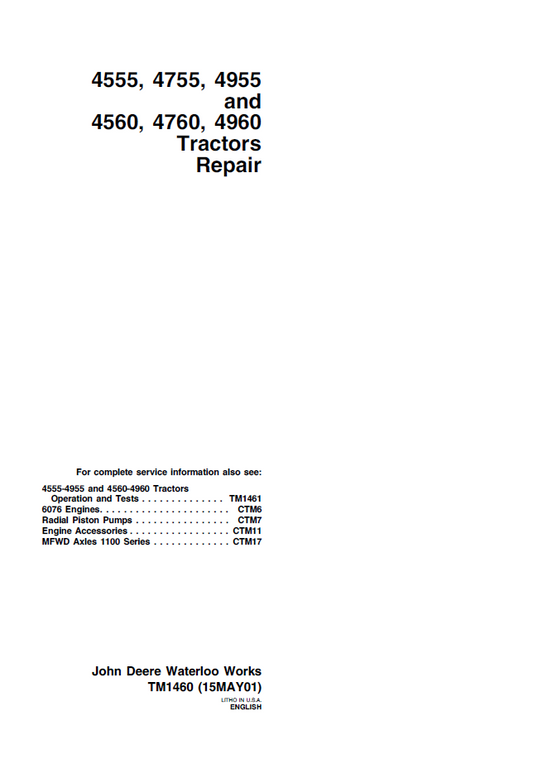 John Deere 4555 4755 4955 4560 4760 4960 TM1460 Repair Manual