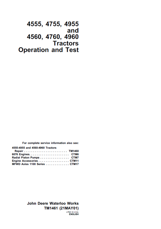 John Deere 4555 4755 4955 4560 4760 4960 TM1461 Operation Manual