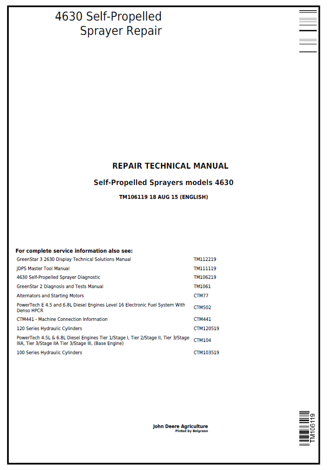 John Deere 4630 Self-Propelled Sprayer TM106119 Repair Manual