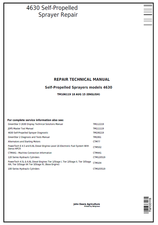 John Deere 4630 Self-Propelled Sprayer TM106119 Repair Manual