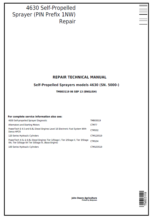 John Deere 4630 Self-Propelled Sprayer TM803119 Repair Manual