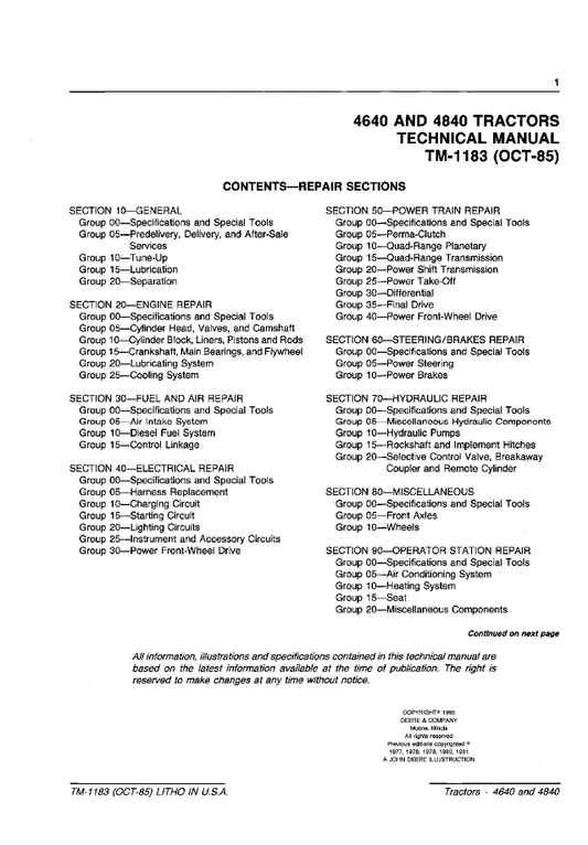 John Deere 4640 and 4840 Tractor Technical Service Manual (TM1183) PDF  
