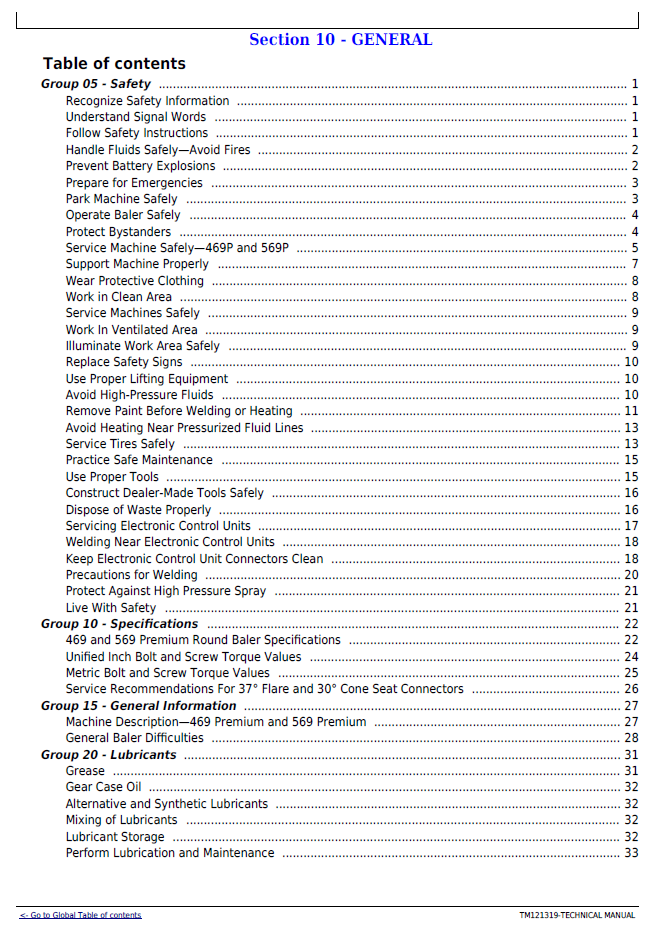 John Deere 469 569 Premium Round Baler Technical Service Manual TM121319