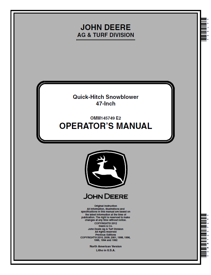 John Deere 47-Inch Quick-Hitch Snowblower Operator Manual OMM145749 PDF