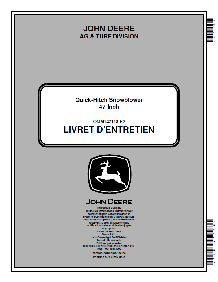 John Deere 47-Inch Quick-Hitch Snowblower Operator Manual OMM147118 PDF