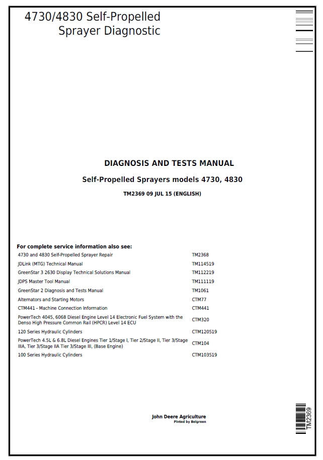 John Deere 4730 and 4830 Self-Propelled Sprayer Diagnosis and Test Manual - TM2369