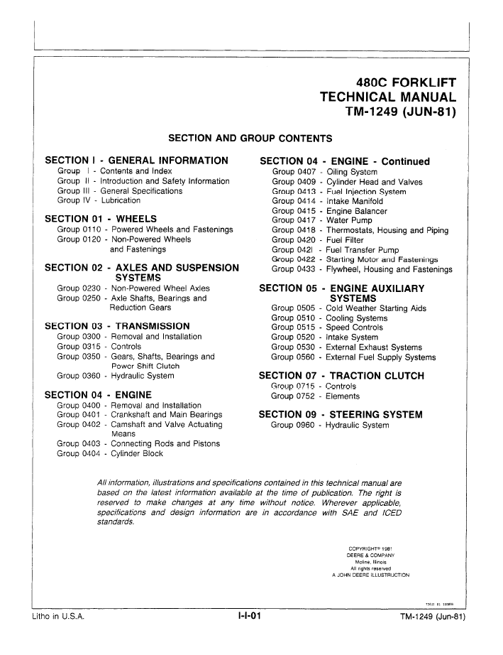 John Deere 480C Forklift TM1249 Service & Repair Manual