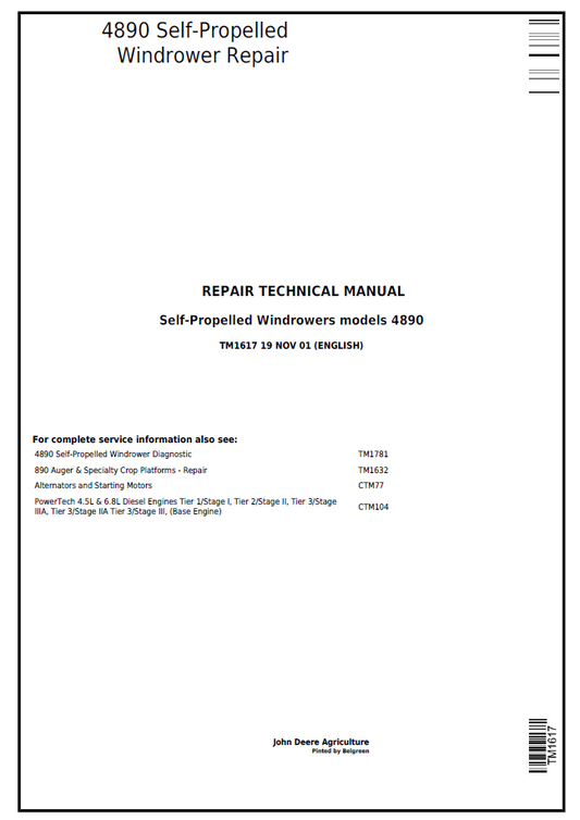 John Deere 4890 Self-Propelled Windrower Repair Technical Manual - TM1617
