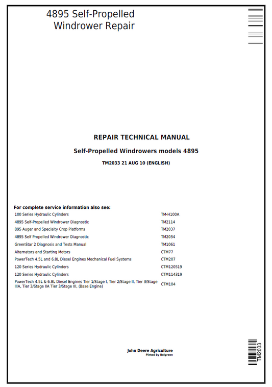 John Deere 4895 Self-Propelled Windrower Repair Technical Manual - TM2033