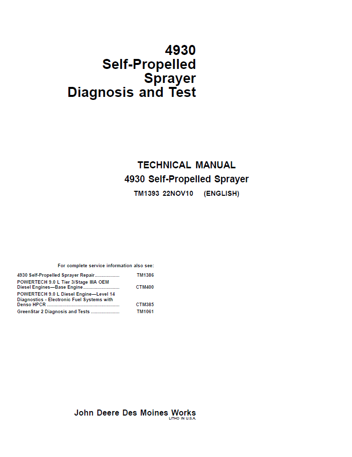 John Deere 4930 Self-Propelled Sprayer Diagnosis and Test Technical Manual - TM1393