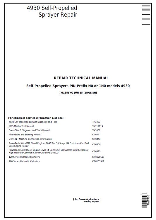 John Deere 4930 Self-Propelled Sprayer Repair Technical Manual - TM1386