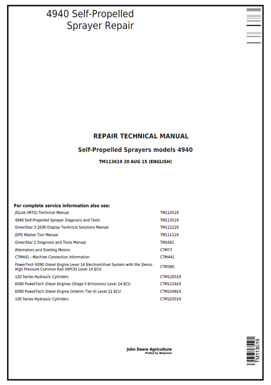 John Deere 4940 Self-Propelled Sprayer Repair Technical Manual - TM113619