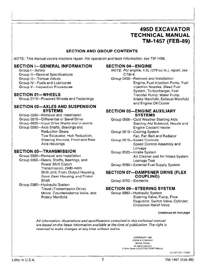John Deere 495D Excavator Repair and Workshop Manual