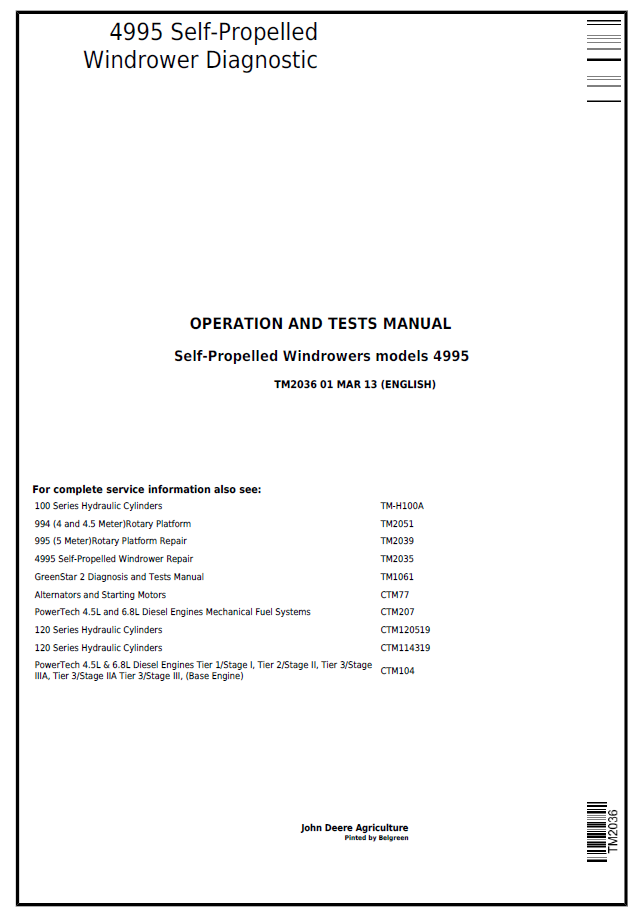 John Deere 4995 Self-Propelled Windrower Operation and Test Manual - TM2036
