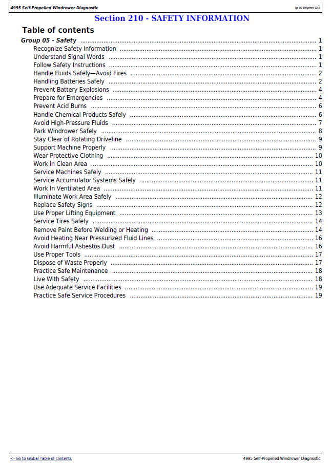 John Deere 4995 Self-Propelled Windrower Operation and Test Manual (TM2036) PDF