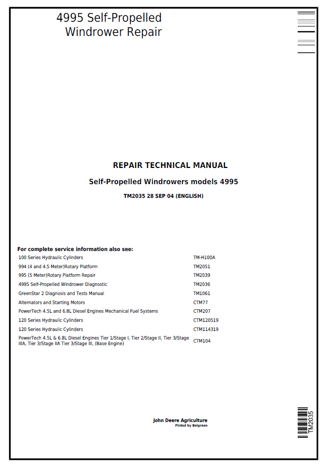 John Deere 4995 Self-Propelled Windrower Repair Technical Manual - TM2035