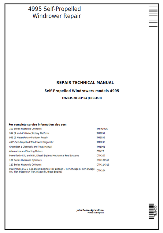 John Deere 4995 Self-Propelled Windrower Repair Technical Manual - TM2035