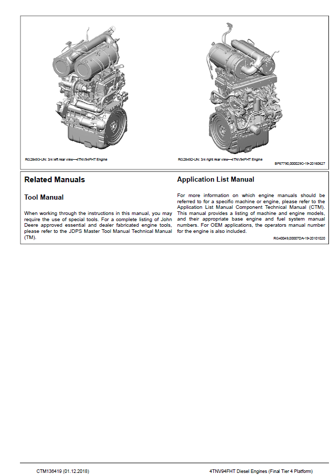 John Deere 4TNV94FHT Diesel Engine CTM136419 Repair & Technical Manual