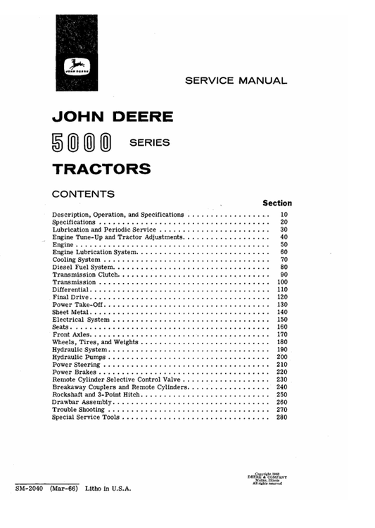 John Deere 5000 Series Tractor Repair & Workshop Manual SM2040